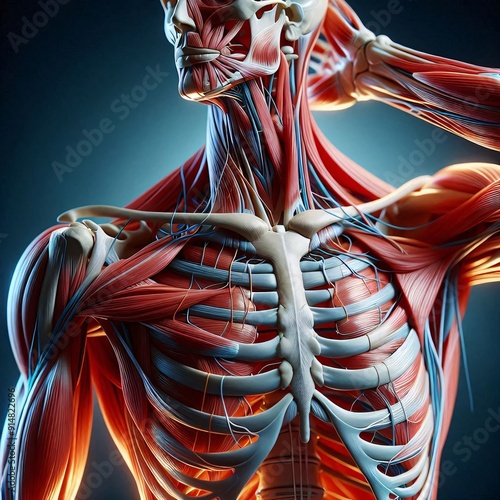 Human Anatomy:  Detailed anatomical illustration of the human musculature and skeletal system, revealing the intricate network of muscles, bones, and tendons. A powerful visual representation of the b