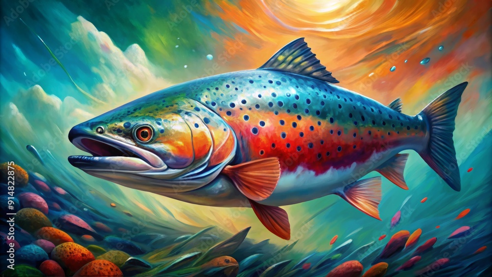 custom made wallpaper toronto digitalThe Majesty of a Rainbow Trout - Oil Painting, A Vibrant Fish Swims Through a Dreamlike World of Colorful Water, Fish, and Stone - Trout, Fish, Painting, Aquatic