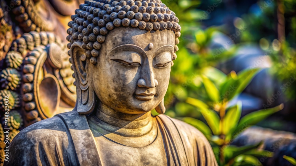 Tranquil Buddha Statue in Lush Greenery - Close-up of a serene Buddha statue with a soft focus background of vibrant green foliage, capturing the essence of tranquility and serenity. Tranquil Buddha Statue in Lush Greenery - Close-up of a serene Buddha statue with a soft focus background of vibrant green foliage, capturing the essence of tranquility and serenity.