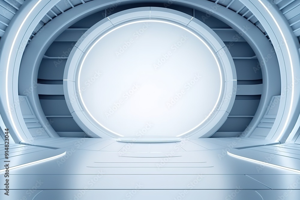 Fototapeta premium Futuristic white circular room with a glowing platform.
