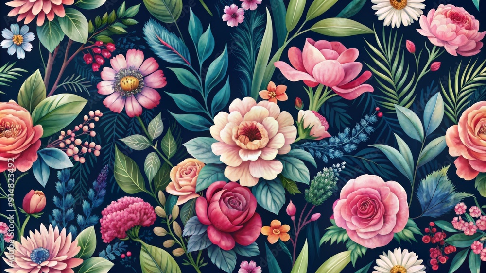 custom made wallpaper toronto digitalWatercolor Floral Seamless Pattern - Lush Blooms and Greenery on a Dark Navy Background - Digital Art, Botanical Illustration, Floral Design, Nature, Wallpaper, Textile, Print