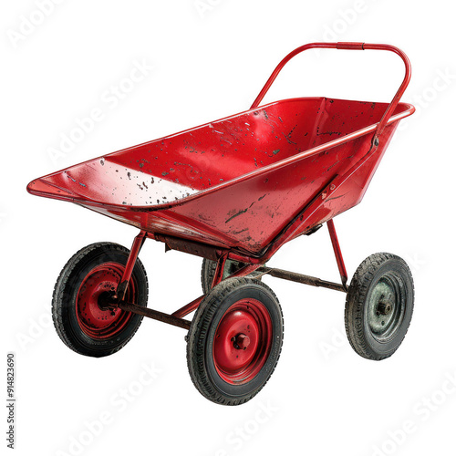 A red wheelbarrow with a rusty handle