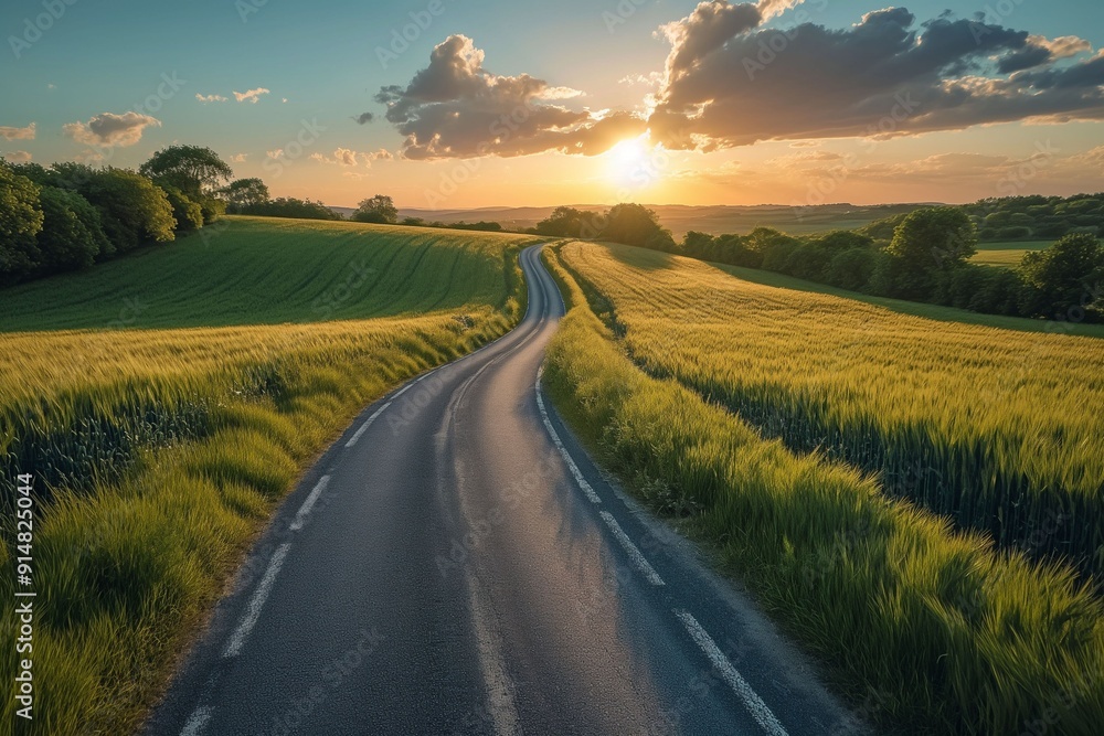Fototapeta premium Winding Country Road Through Green Fields At Sunset