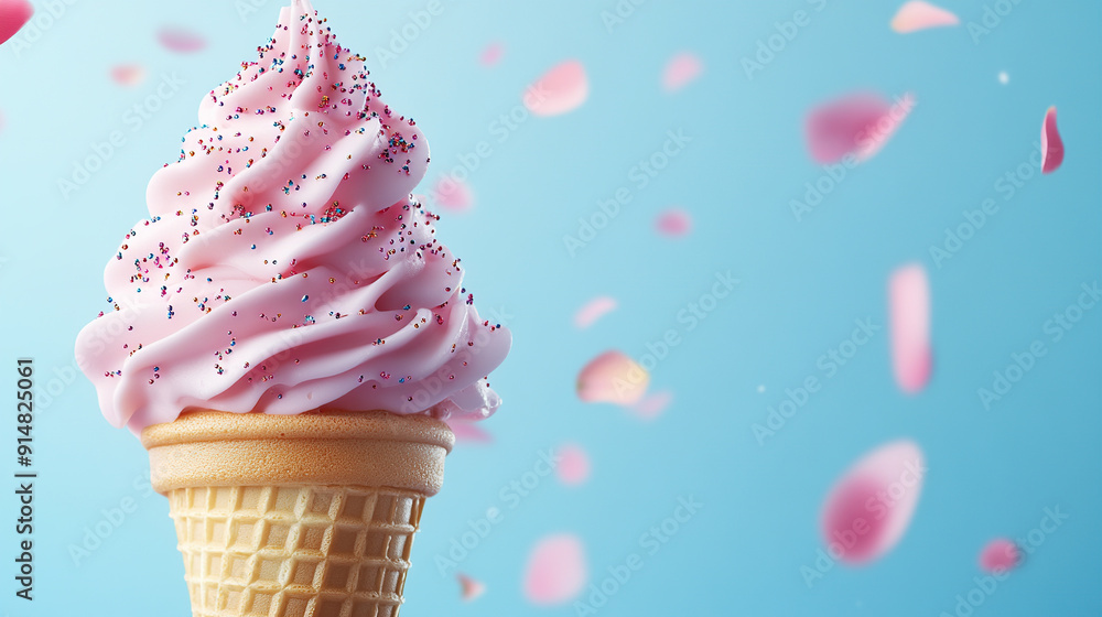 Close up of pink ice cream cone with swirl on blue background Close up of pink ice cream cone with swirl on blue background