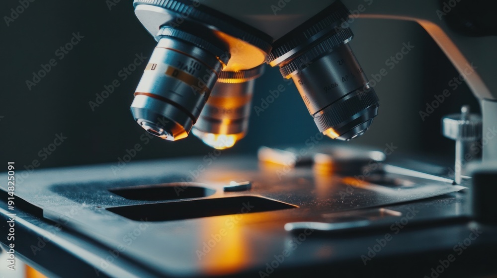 a close up of a microscope on a table. a close up of a microscope on a table.