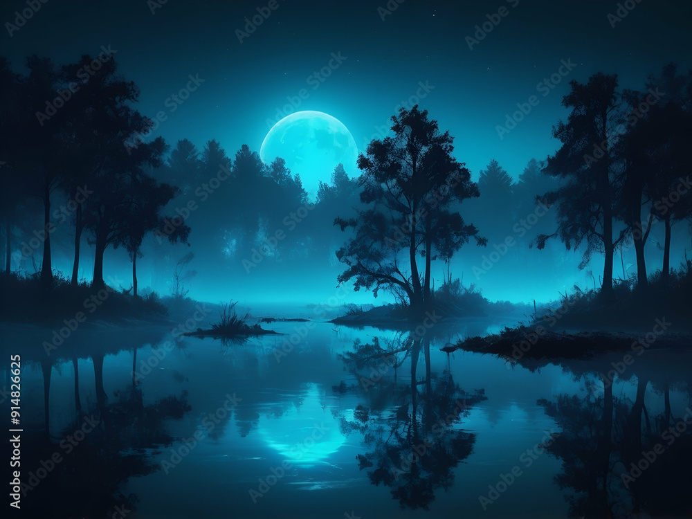 abstract neon night landscape. Neon blue light, tree silhouettes, reflection in the water, moonlight light. Misty forest, dark, smoke, smog. Night view. abstract neon night landscape. Neon blue light, tree silhouettes, reflection in the water, moonlight light. Misty forest, dark, smoke, smog. Night view.
