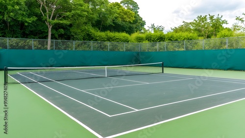 Wallpaper Mural Cross court view of pickleball tennis courts painted green with lights and trees in the background. Ai Generative. Torontodigital.ca