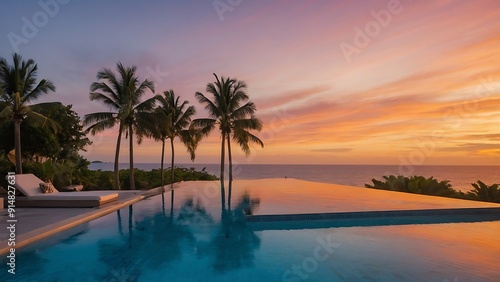 Serene and luxurious outdoor setting at sunset, featuring an infinity pool that seamlessly blends with the horizon 