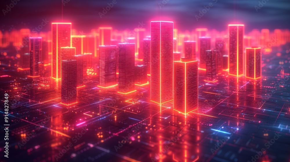 Neon Cityscape With Red Illuminated Buildings at Night Neon Cityscape With Red Illuminated Buildings at Night