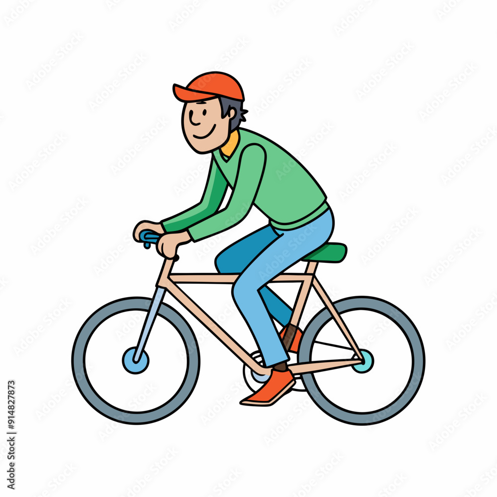 Naklejka premium Man Riding Bicycle Vector Illustration - Cartoon, Clipart, and Line Art Design