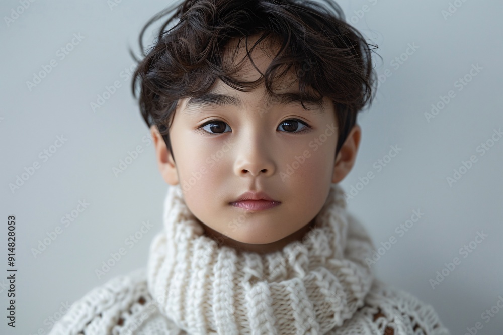 Tender portrait of a young Korean boy in a knitted sweater Tender portrait of a young Korean boy in a knitted sweater