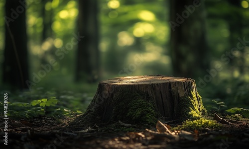 Ancient Woodland: Single Hollow Tree Stump with Moss and Soft Light Filtering Through Leaves