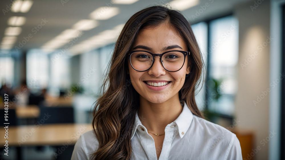 Portrait of beautiful business woman in white shirt and glasses smiling friendly, blurred busy office background Portrait of beautiful business woman in white shirt and glasses smiling friendly, blurred busy office background