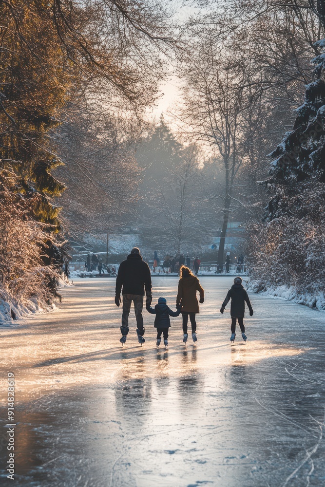 A family of four is skating on a frozen lake A family of four is skating on a frozen lake