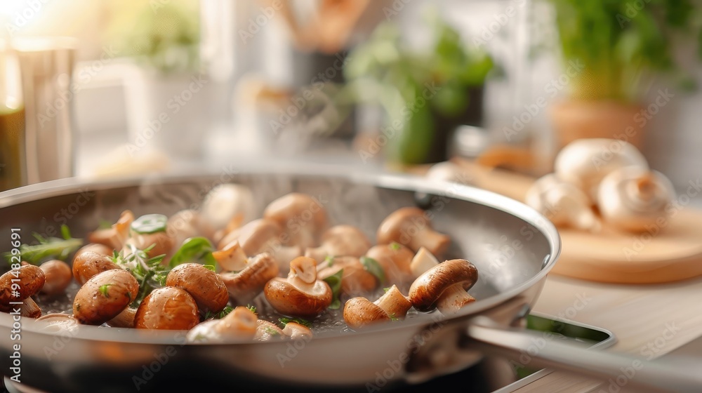 Cremini mushrooms sautéing in a pan, with steam and caramelization effects. Cremini mushrooms sautéing in a pan, with steam and caramelization effects.