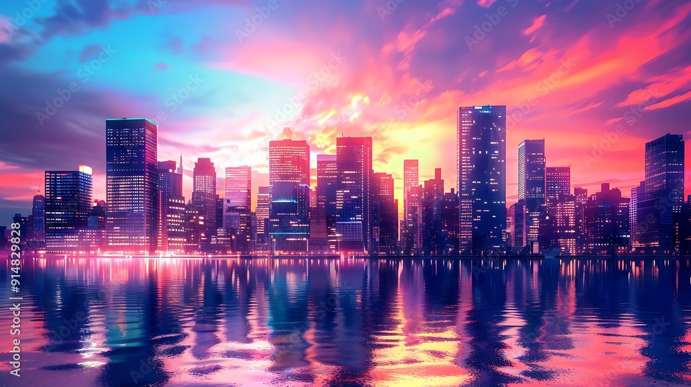 Fototapeta premium Cityscape at Dusk with Vibrant Sky and Water Reflections