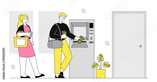 Queue at ATM. Man and woman withdraw cash or top up their account. Clients at bank. Cashless payments, transfers and transactions. Linear vector illustration