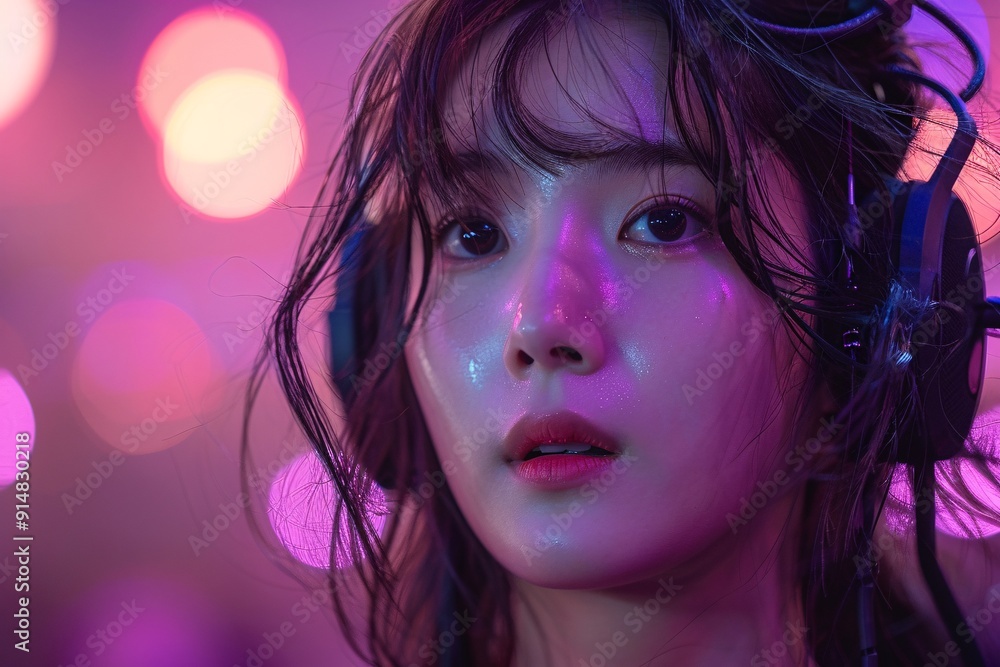 Expressive close-up of a Korean girl with headset on stage Expressive close-up of a Korean girl with headset on stage