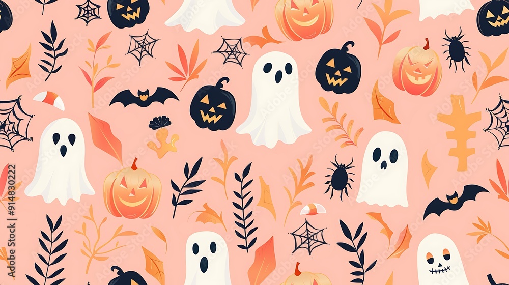 A Halloween cute themed wallpaper with ghosts and pumpkins pastel orange A Halloween cute themed wallpaper with ghosts and pumpkins pastel orange