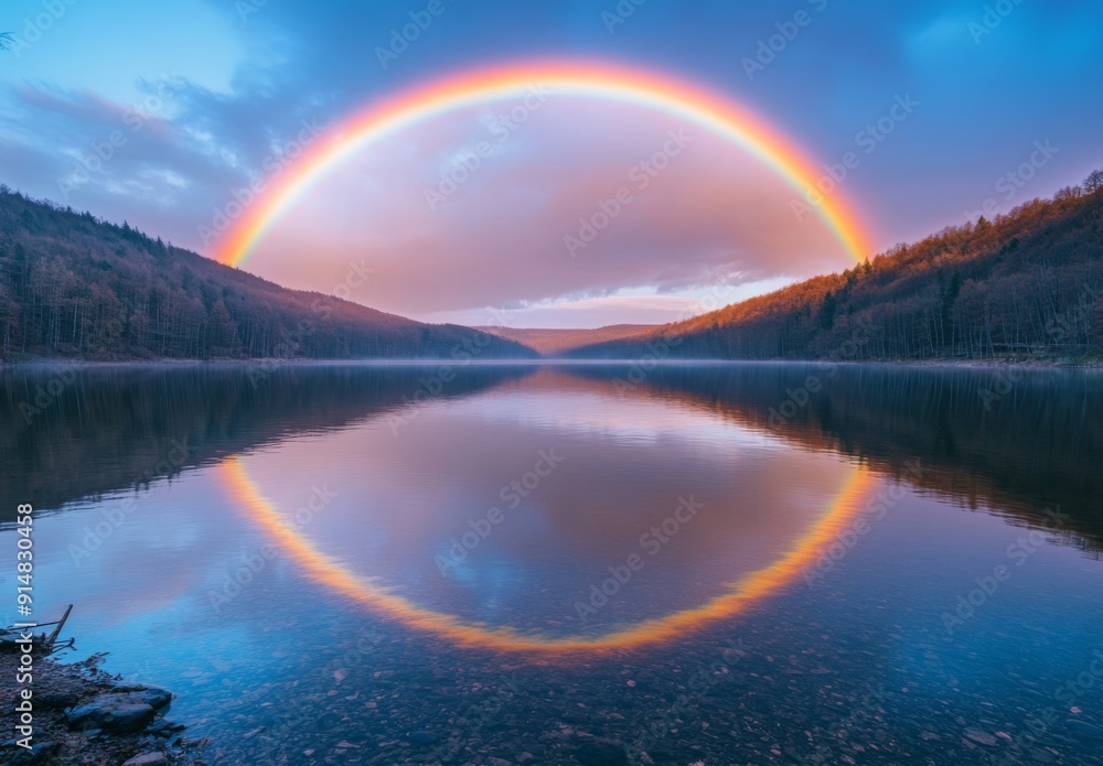 A stunning rainbow over a peaceful lake, reflecting on the calm water and surrounded by forested hills, creating a tranquil atmosphere A stunning rainbow over a peaceful lake, reflecting on the calm water and surrounded by forested hills, creating a tranquil atmosphere