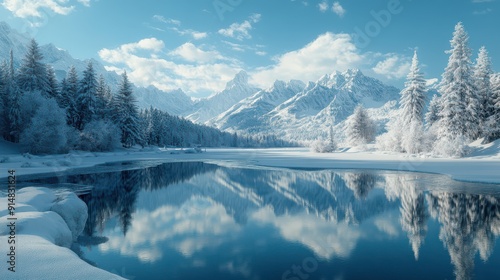 A beautiful snowy landscape with a large body of water reflecting the mountains