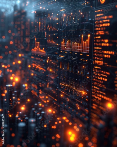 Futuristic Digital Interface With Orange Lights and Data Visualizations