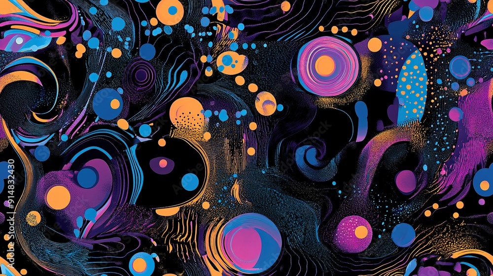 Abstract Swirls and Circles in Vibrant Colors on Black Background Abstract Swirls and Circles in Vibrant Colors on Black Background
