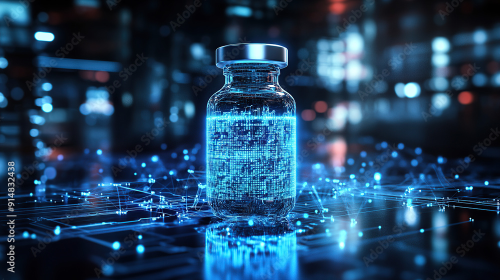 A futuristic digital bottle of health on an abstract background with glowing data points and circuit patterns A futuristic digital bottle of health on an abstract background with glowing data points and circuit patterns