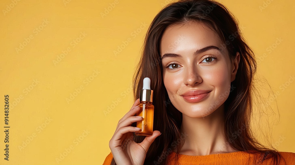 Model holding a facial oil mockup with pride focus on, skincare, vibrant, Composite, Minimalist studio backdrop Model holding a facial oil mockup with pride focus on, skincare, vibrant, Composite, Minimalist studio backdrop