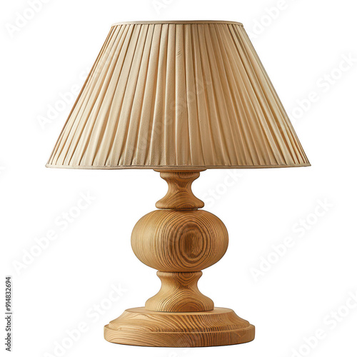 A wooden lamp with a white shade sits on a white background