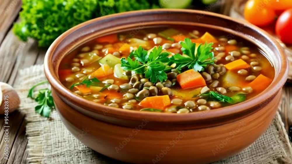 Fresh vegetable soup with lentil on wooden HD Video High Quality 4K Cilp Fresh vegetable soup with lentil on wooden HD Video High Quality 4K Cilp