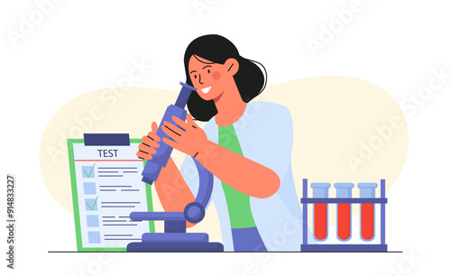 Doctor analyzes blood. Young girl in medical uniform with microscope studies plasma. Laboratory medical research. Scientist develops cure or medicine in lab. Flat vector illustration