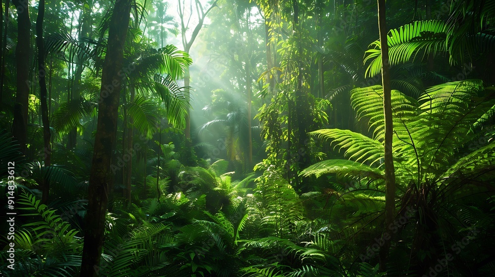 Fototapeta premium Sunlight Streaming Through Lush Rainforest Canopy