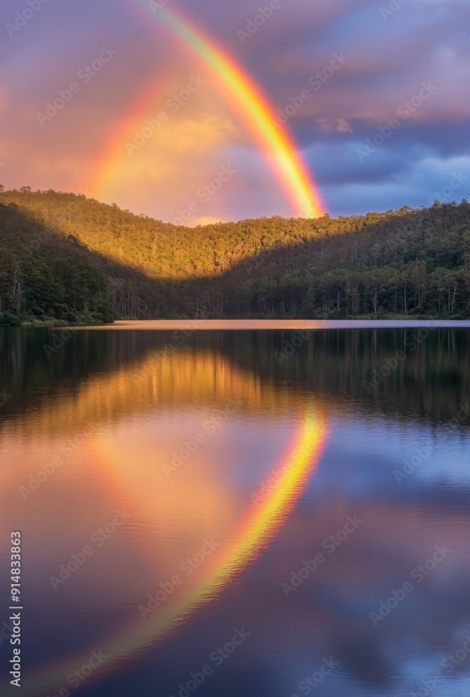Naklejka premium A stunning rainbow over a peaceful lake, reflecting on the calm water and surrounded by forested hills, creating a tranquil atmosphere