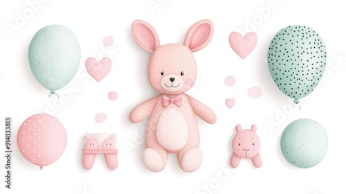 Charming watercolor of a baby shower icon surrounded by cheerful colorful baby toys and accessories on a clean white background Ideal for greeting cards invitations nursery decor