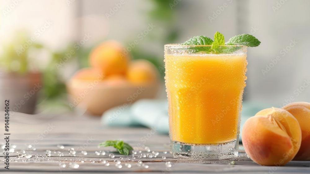 Fototapeta premium Golden peach juice in a clear glass with dewdrops around the rim and a mint leaf placed beside it.