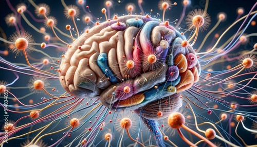 The Spark of Consciousness: A vibrant, abstract representation of the human brain, alive with energy and bursting with colorful neural connections. Perfect for illustrating concepts of creativity, inn