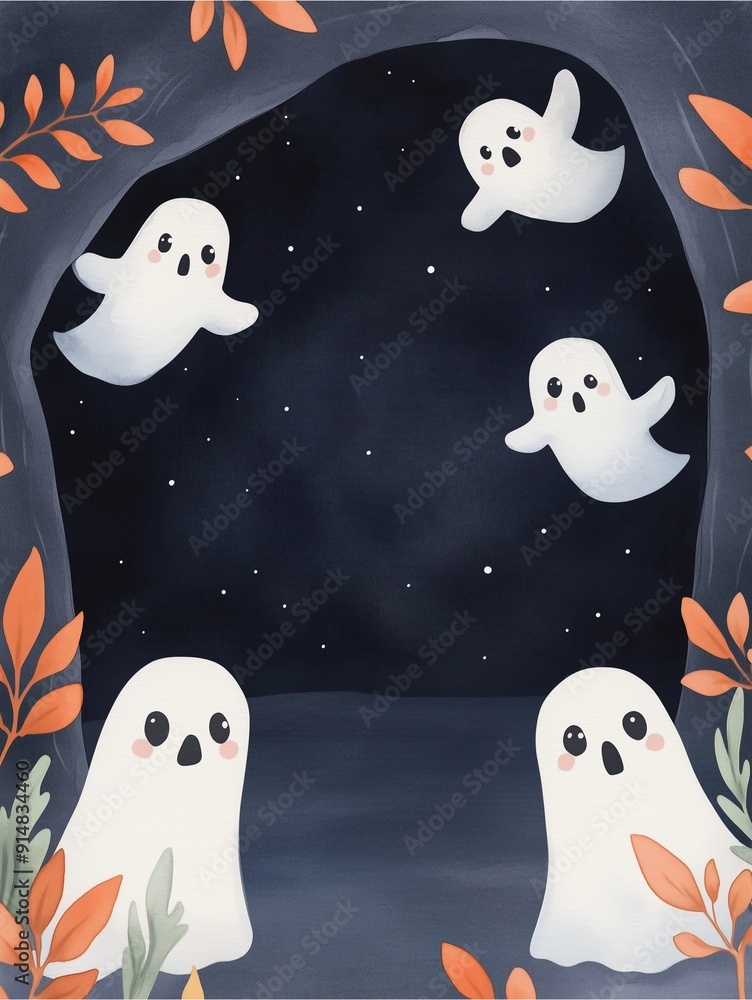 Cartoonish ghosts hovering around in a spooky yet whimsical scene, watercolor style illustration. Cartoonish ghosts hovering around in a spooky yet whimsical scene, watercolor style illustration.