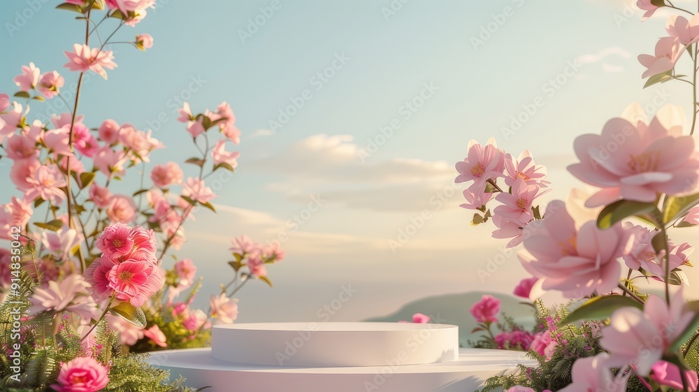 3D rendering image illustration of empty space podium display for product mockup flower background in landscape 3D rendering image illustration of empty space podium display for product mockup flower background in landscape