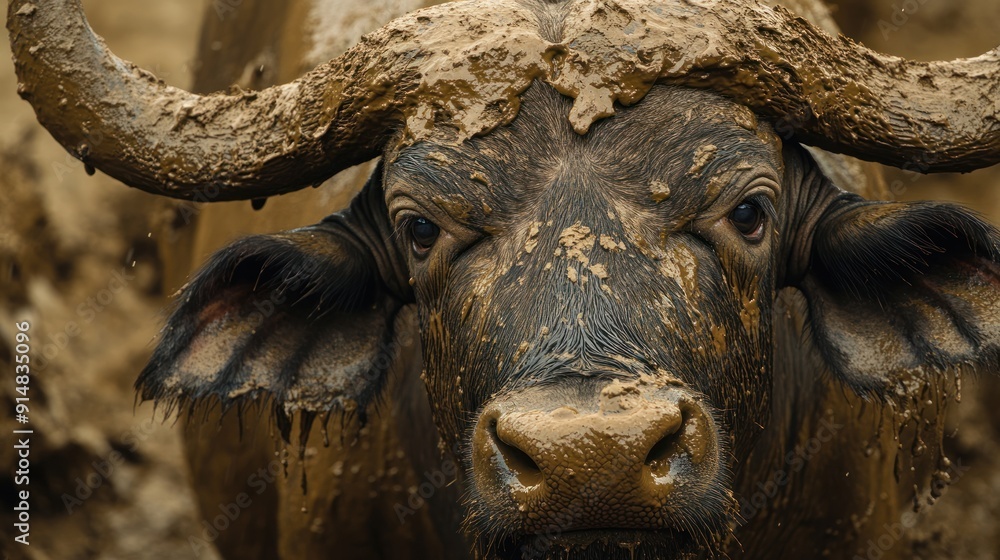 Naklejka premium A buffalo bull, Syncerus caffer, close up of an animal head and horns covered in mud. --ar 16:9 --v 6.1 Job ID: 6b8a1838-cffe-43ce-a7a3-539898394611