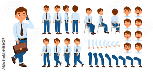 Business man constructor. Businessman in suit with briefcase and smartphone. Pack of heads, legs and hands for creating animations. Flat vector collection