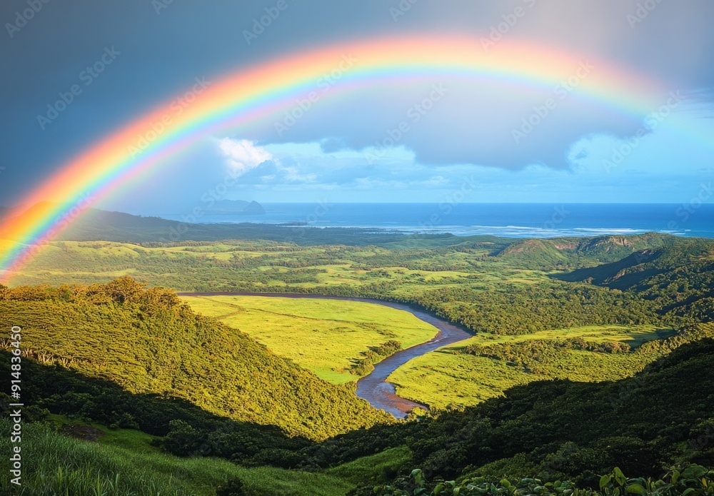 Obraz premium A vibrant rainbow arching over a lush green valley with a river winding through it, creating a picturesque and serene scene