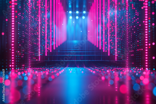 A mesmerizing 3D render of an abstract technology background showcases a stunning array of screen pixels, glowing dots, and neon lights, creating a virtual reality atmosphere with ultraviolet spectru photo