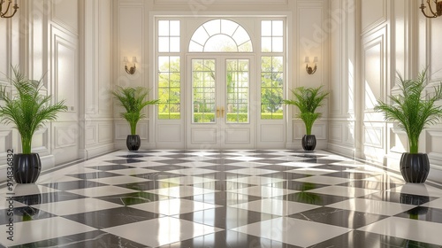 Minimalist entrance hall with geometric flooring and clean wall space