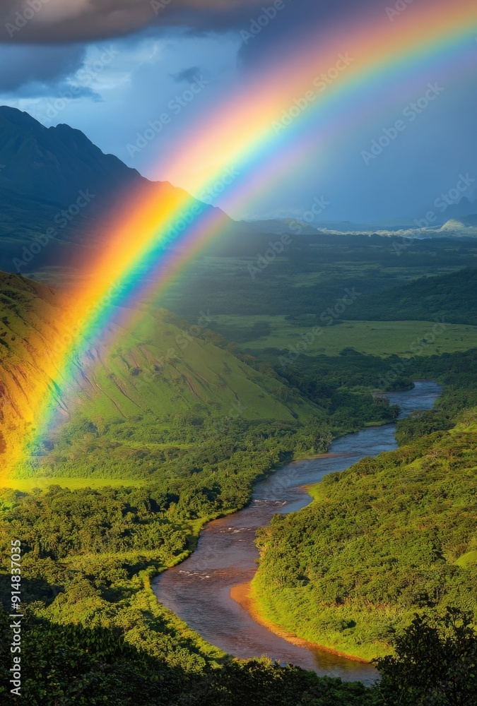 Obraz premium A vibrant rainbow arching over a lush green valley with a river winding through it, creating a picturesque and serene scene