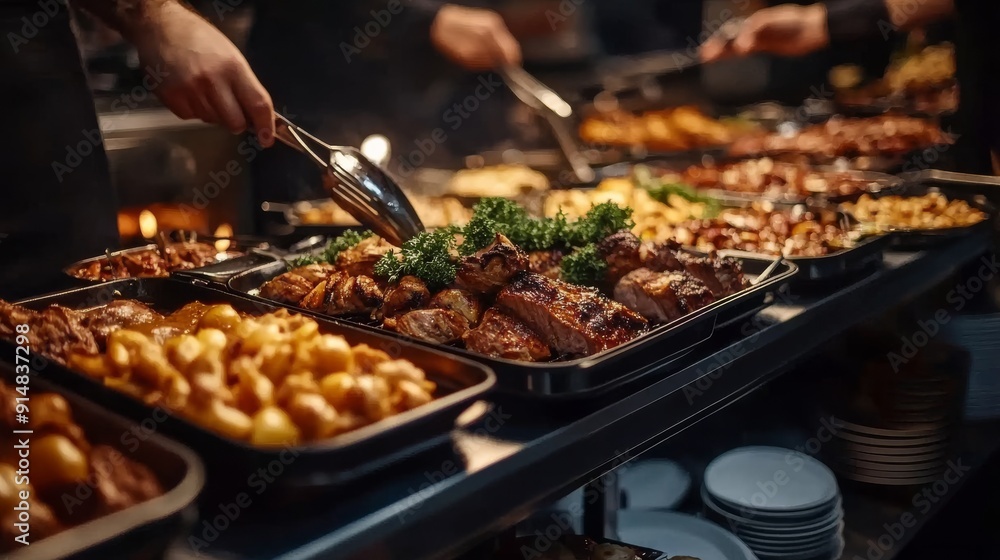 Obraz premium Group of people on catering buffet food indoor in restaurant with grilled meat