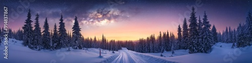 Wallpaper Mural Enchanting Winter Wonderland: Snowy Path Leading to Vibrant Sunrise Under Epic Milky Way Galaxy. Awe-inspiring Nature Landscape Blending Celestial Beauty and Terrestrial Majesty. Perfect Backdrop for  Torontodigital.ca