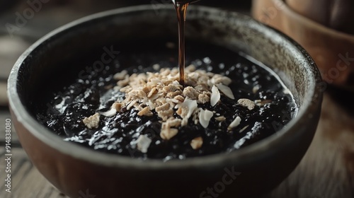 A cinematic close-up of a bowl of bubur ketan hitam, capturing the thick black glutinous rice porridge topped with coconut milk and palm sugar syrup. 
