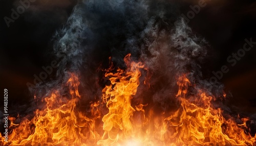 Burning flames, fire burning, flames rising high, dramatic movement, orange and red, black smoke, backgrounds, screen saver, special effects, hot heat.