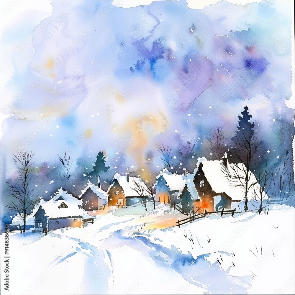 Naklejka premium Watercolor painting of a snowy village at dusk, on isolated white background